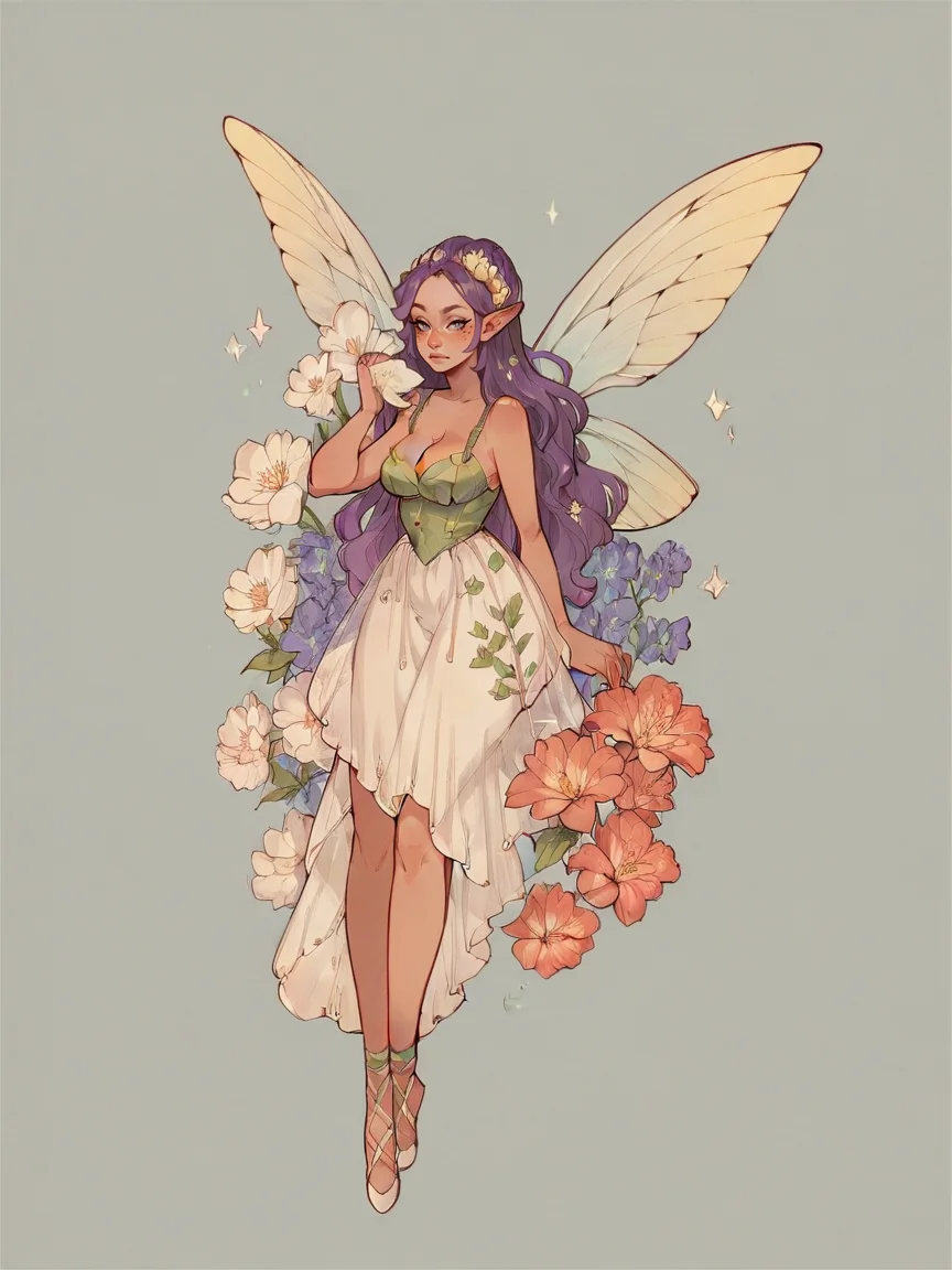 score_9, score_8_up, score_7_up, score_6_up, score_5_up, score_4_up, <lora:s0ftf41ryXLP:0.7> s0ftf41ry, large flower, fairy, curvy, purple hair, 1girl,