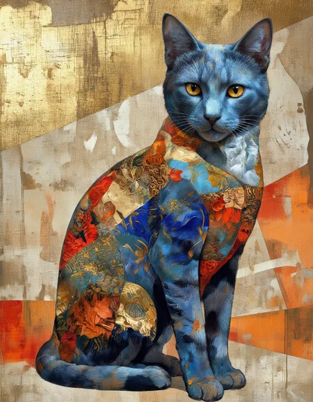 A vibrant and colorful painting of a blue cat with intricate patterns and floral motifs, set against a textured, abstract background. the cat, positioned in the middle of the image, is sitting with its full body facing the viewer, its bright orange eyes looking directly at the viewer. its body is covered in a patchwork of vibrant colors, including blue, red, and gold, with intricate floral patterns and patterns. the background is composed of a mix of warm tones, including gold, orange, and beige, with a distressed texture that adds depth and dimension to the painting. the overall effect is one of serenity and tranquility, with the cat's presence commanding attention.
