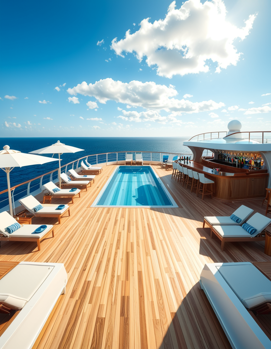 A wide, high-resolution view of the upper deck of a modern luxury cruise ship, completely empty of people. The deck features a clean, polished teak wood floor and sleek white railings along the edges. Several neatly arranged lounge chairs line both sides, with large white parasols providing shade. In the center of the deck, a crystal-clear swimming pool reflects the blue sky, with no one in or around it. To one side, a stylish bar area with a curved canopy stands closed, with colorful bottles and barstools neatly arranged. The background reveals the endless ocean meeting the horizon, under a bright, cloud-speckled blue sky. The lighting is natural daylight, casting soft shadows and highlighting the modern, serene, and luxurious ambiance of the cruise ship deck. No signs of human presence â everything is pristine, calm, and ready for guests.
<lora:SDXLFaeTastic2400:0.4> <lora:extremely_detailed:0.4> extremely detailed,<lora:luxury_cru1s3_sh1p:1>,luxury cru1s3 sh1p, Masterpiece,best quality,hi res,8k,hi res,8k,award winning,(sharp focus, intricate, highly detailed),