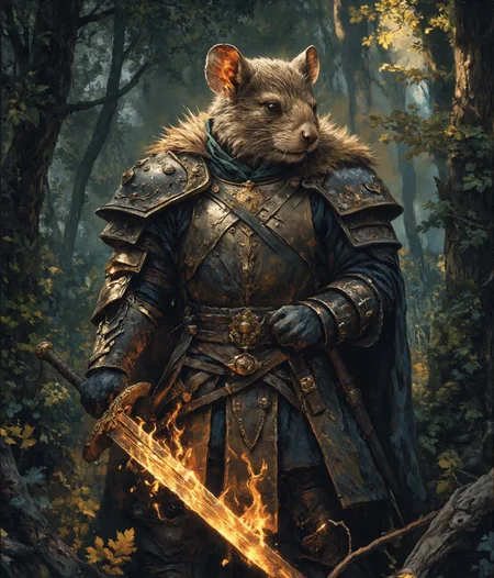 cinematic photo highly detailed portrait of a wise old mouse warrior (intricate armor:1.4) in a dark woolen cloak with a flaming sword covered in ornage flames, (fur:1.4),deep dark forest background, (shallow depth of field:1.4), foliage, global illumination, radiant light, detailed and intricate environment #cinematic, light shafts, dust motes sparkles, (Extremely Detailed Oil Painting:1.2), glow effects, godrays, Hand drawn, render, 8k, octane render, cinema 4d, blender, dark, atmospheric 4k ultra detailed, cinematic sensual, Sharp focus, humorous illustration, big depth of field, Masterpiece, colors, 3d octane render, 4k, concept art, trending on artstation, hyperrealistic, Vivid colors, extremely detailed CG unity 8k wallpaper, trending on ArtStation, trending on CGSociety, Intricate, High Detail, dramatic . 35mm photograph, film, bokeh, professional, 4k, highly detailed