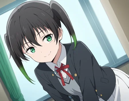 score_9, score_8_up, score_7_up, source_anime, <lora:yuu-takasaki-s2-ponyxl-lora-nochekaiser:1>, yuu takasaki, bangs, black hair, hair between eyes, twintails, green eyes, multicolored hair, green hair, medium hair, two-tone hair, gradient hair,, skirt, long sleeves, school uniform, jacket, red ribbon, black jacket, blazer, nijigasaki academy school uniform, white skirt,, indoors, bent over, smile, smug, looking at viewer, solo,, cowboy shot, dutch angle