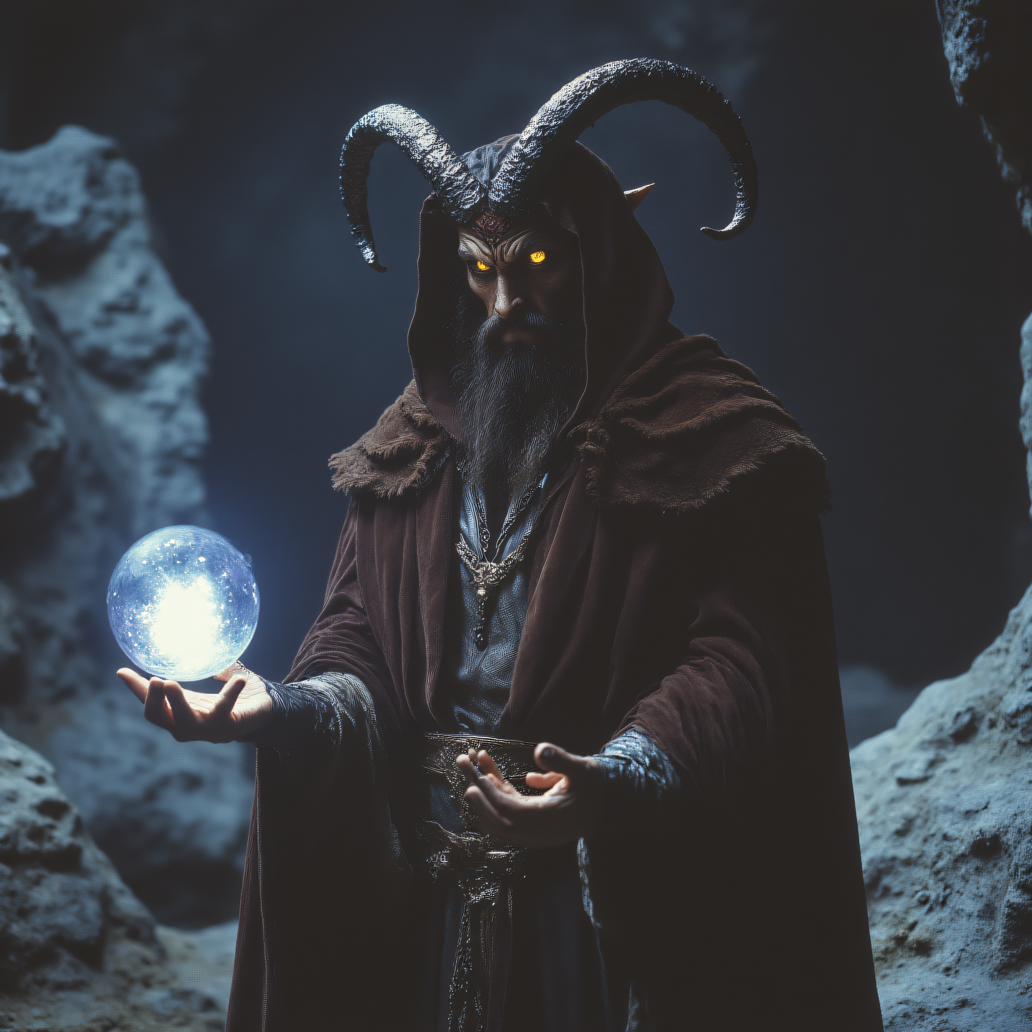 ArsMovieStill, 80s Fantasy Movie Still, The image shows a man dressed as a demon holding a crystal ball in his right hand. He is wearing a long robe with a hood and a cape draped over his shoulders. The man has long dark hair and a long beard and his face is covered in a dark eerie expression. He has two large curved horns on his head which are pointed upwards. The background appears to be a rocky landscape with a cave-like entrance. The overall mood of the image is dark and ominous., horns, planet, 1boy, facial hair, beard, male focus, solo, earth (planet), robe, yellow eyes