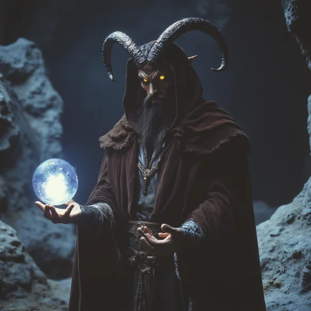 ArsMovieStill, 80s Fantasy Movie Still, The image shows a man dressed as a demon holding a crystal ball in his right hand. He is wearing a long robe with a hood and a cape draped over his shoulders. The man has long dark hair and a long beard and his face is covered in a dark eerie expression. He has two large curved horns on his head which are pointed upwards. The background appears to be a rocky landscape with a cave-like entrance. The overall mood of the image is dark and ominous., horns, planet, 1boy, facial hair, beard, male focus, solo, earth (planet), robe, yellow eyes