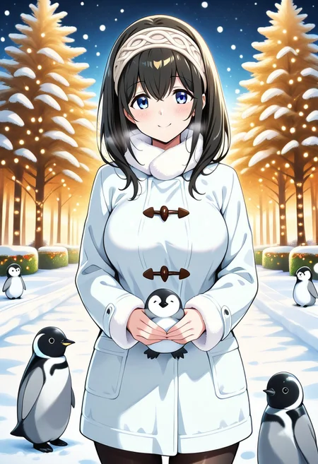 Animal Christmas, masterpiece, best quality, fumika sagisawa, blue eyes, black hair, long hair, large breasts, 1girl, winter clothes, cute animal, smile, penguin, anime,