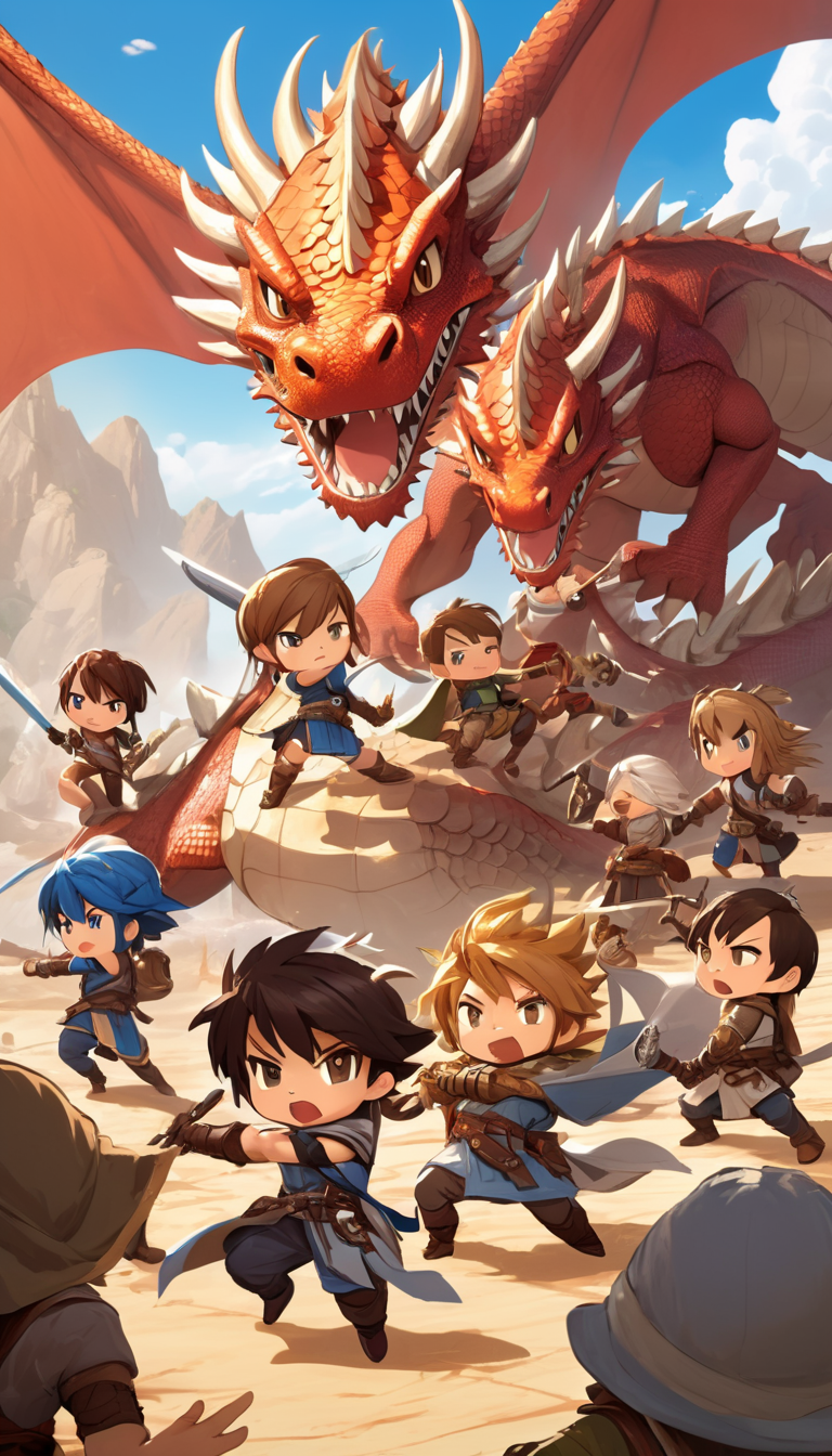 Cinematic scene, hero view, a group of adventurers fighting a mighty dragon, action pose, detailed background, masterpiece, best quality, high quality, highres, absurdres, chibi <lora:nendoroid_xl_v4:1>