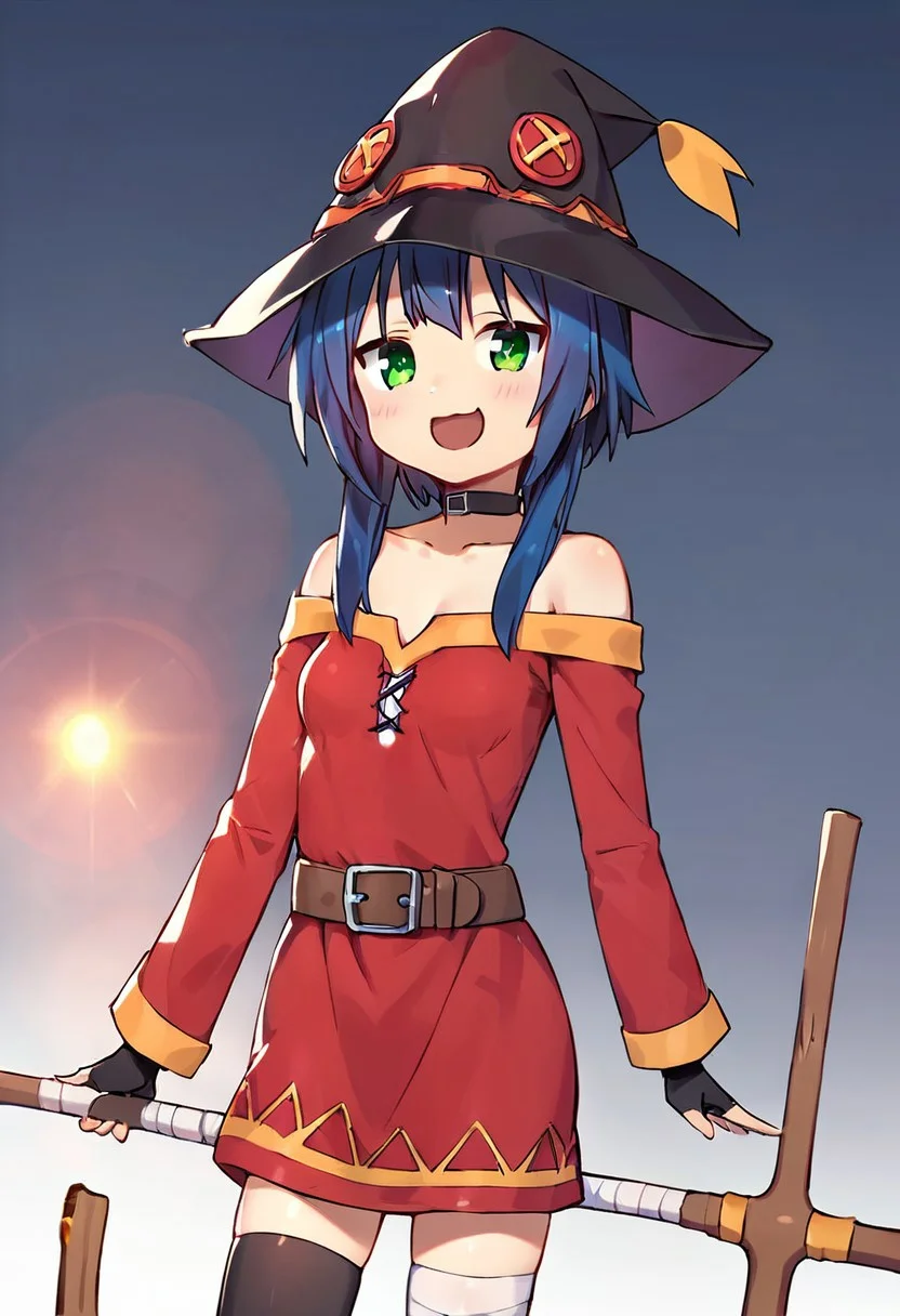 score_9, score_8_up, score_7_up,source_anime, masterpiece, ultra detailed, highres, 4k, best quality, BREAK, <lora:konata:0.7> Megumin, hat, witch hat, staff, black choker, collarbone, off-shoulder dress, dress, red dress, long sleeves, black gloves, fingerless gloves, belt, brown belt, gold trim, asymmetrical legwear, mismatched legwear, bandaged leg, black thighhighs, smile, dark blue hair, medium breasts, round breasts, D-cup breast size, adult, mature, aged up, cute, cute face, outstanding, countershading, detailed soft lighting, backlighting, green eyes, looking at viewer, ultra detailed eyes, dutch angle, cowboy shot, mouth open, smug smile, smug expression