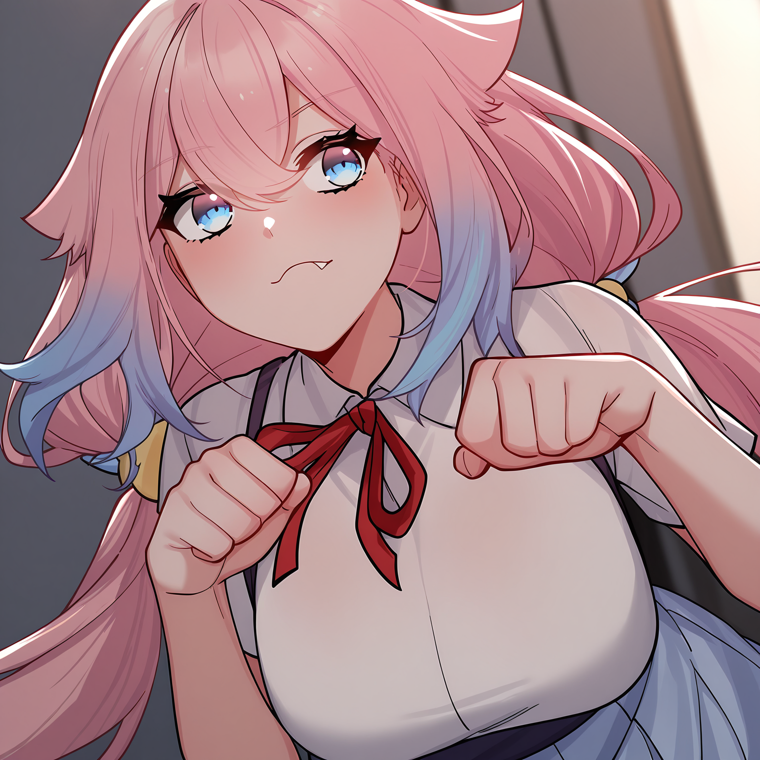 masterpiece,best quality,newest,absurdres,highres,<lora:noobai_ep11_stabilizer_v0.138_fp16:0.8>,long hair,long hair,breasts,very long hair,<lora:Wu YaoYao:1>,wu_yaoyao,pink hair,low twintails,paw pose,