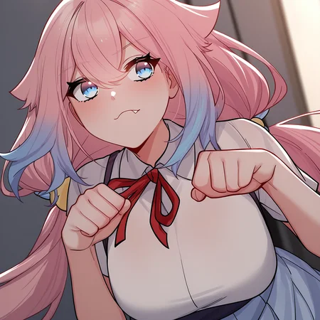 masterpiece,best quality,newest,absurdres,highres,<lora:noobai_ep11_stabilizer_v0.138_fp16:0.8>,long hair,long hair,breasts,very long hair,<lora:Wu YaoYao:1>,wu_yaoyao,pink hair,low twintails,paw pose,