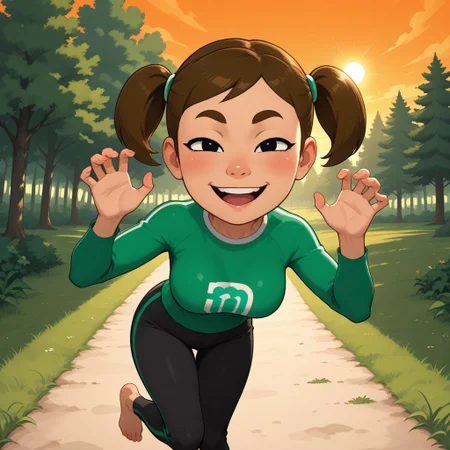 score_9, score_8, BREAK, solo, wii, mii, 1girl, female mii, wii sports, black eyes, brown eyebrows, blush, open mouth, dark brown hair, twintails, dark green clothing, black pants, barefoot, cute, breasts, MidoriWSR, nintendo Mii, modern_mii, classic_mii, playful face, thin, skinny, tall, adult female, mature female, sexy pose, self portrait, smile, looking at viewer, outdoors, sunlight, shadows, evening lighting, natural lighting, forest, trees, grass, orange sky, sunset