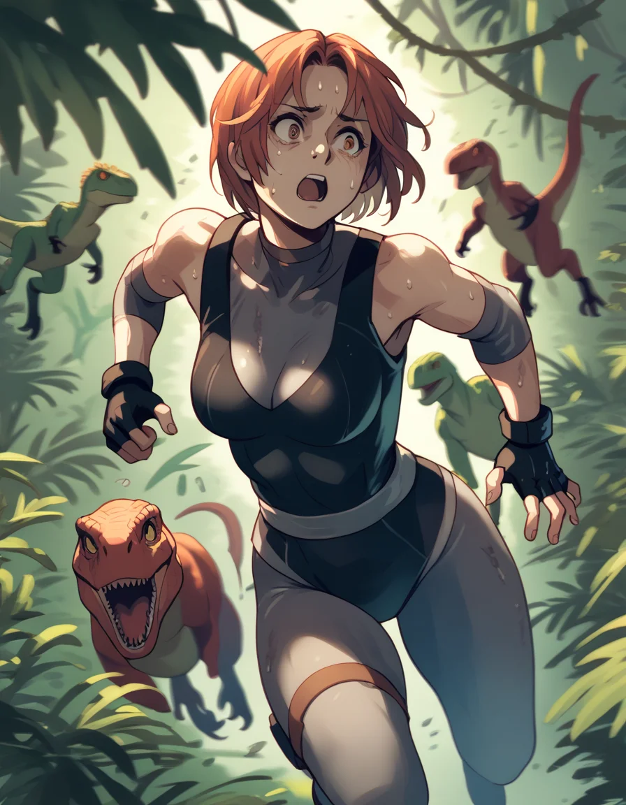<lora:regina-dc-ponyxl-000050:1> regina, bodysuit under clothes, fingerless gloves, leotard, detached sleeves,
dinosaur, jungle, sweat, scared, running away, score_9, score_8_up, score_7_up, score_6_up, score_5_up, score_4_up