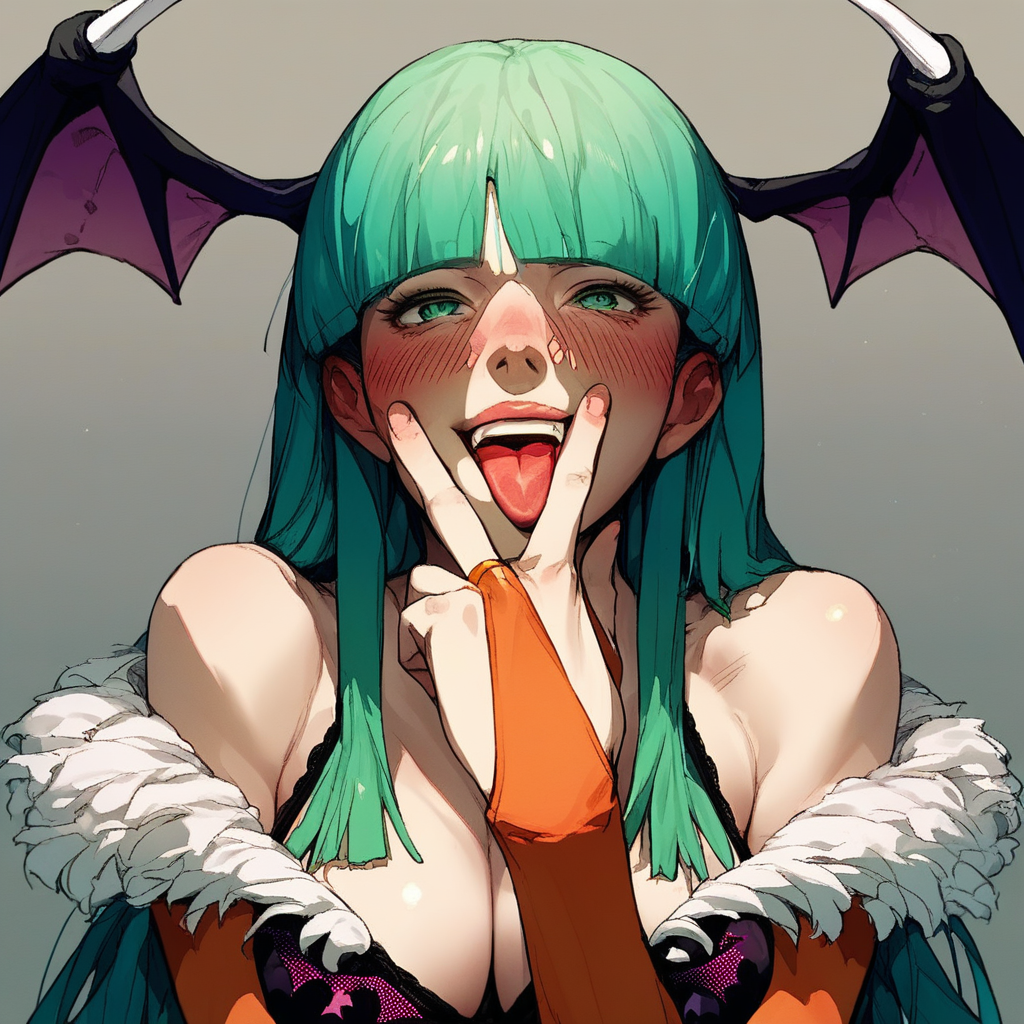 score_9, score_8_up, score_8, (source_anime), BREAK, Morrigan Aensland, blush, perfect face, 1woman, 22 years old, MorriganAe, hime_cut, emerald_green hair, green eyes, blunt bangs, fur trim, bridal gauntlets, print pantyhose, bat print, cleavage, cunnilingus_gesture, BREAK, breasts covered, lace bra, 1woman, v_over_mouth, blush, detailed eyes, lips, smile, upper body, breasts, (v_over_mouth:0.9), (cunnilingus_gesture:1.2), tongue out, (perfect hand), (focus on face), tongue out, close up