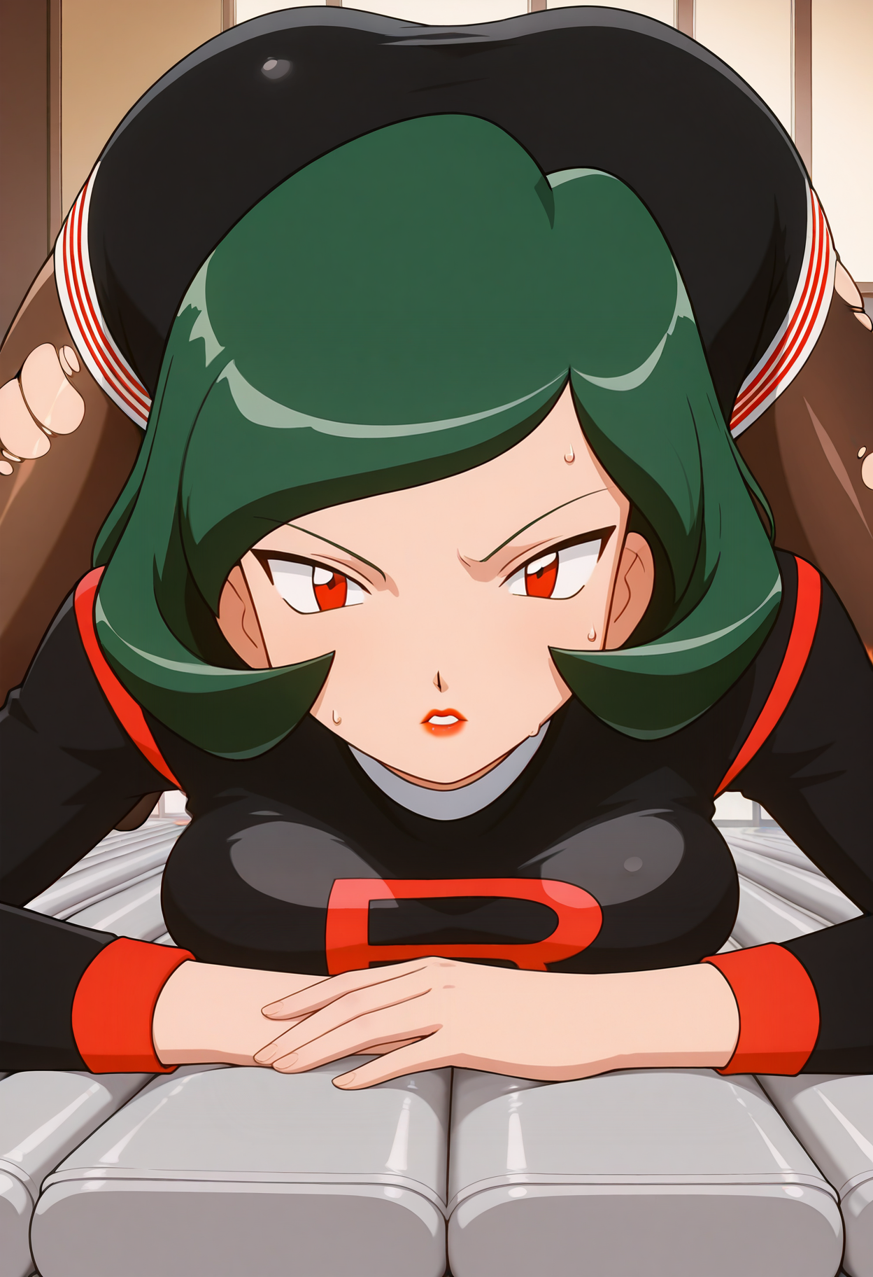 masterpiece, best quality, good quality, <lora:PMWendyIL:0.9>, PMWendy, 1girl, solo, green hair, short hair, red eyes, lipstick, breasts, 
team rocket uniform, black short dress, long sleeves, brown pantyhose, 
sweat, shiny skin, lying, on stomach, breast press, torn pantyhose, skindentation, looking at viewer, top-down bottom-up,
BREAK indoors, air mattress,