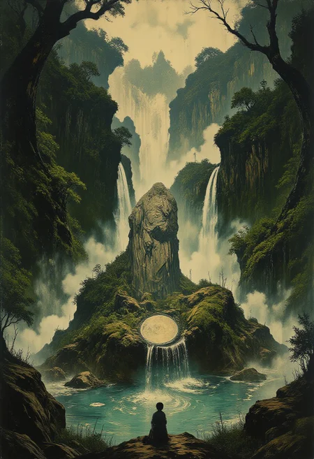 A stunning, hyper-detailed masterpiece, HD, 8K quality, showcasing a bird's-eye view of a secluded, sacred valley cradling an ancient, holy well with a hidden monolith at its heart. From above, the scene is framed by lush, emerald-green hills and towering cliffs, their rugged edges softened by cascading waterfalls that tumble gracefully into the circular well below. These waterfalls form a shimmering curtain of water, partially obscuring the monolith and veiling it in mystery.
At the center of the well, barely visible through the misty spray, stands the monolith—an imposing structure carved from pure Renaissance marble. Its surface is adorned with lifelike depictions of angels, their flowing robes and intricate wings illuminated by faint sunlight filtering through the cascading water. The divine carvings shimmer faintly, as if imbued with a hidden glow, creating an otherworldly aura that feels almost alive.
The well itself brims with crystalline water,