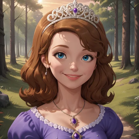 score_9, score_8, BREAK, solo, Sofia_The_First, 1girl, brown hair, blue eyes, purple dress, long dress, tiara, necklace, sandals, tall, adult female, mature female, big breasts, self portrait, smile, looking at viewer, outdoors, sunlight, shadows, evening lighting, natural lighting, forest, trees, grass, orange sky, sunset