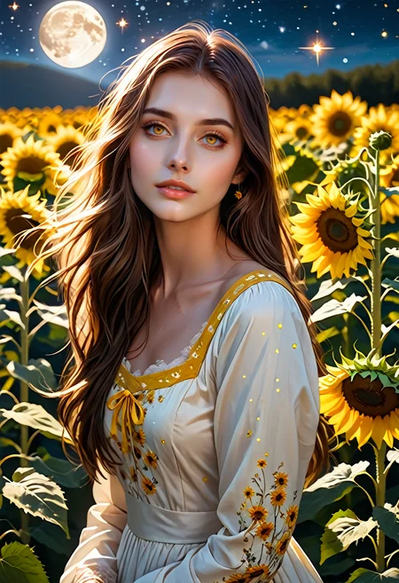 score_9, score_8_up, score_7_up, score_6_up, score_5_up, score_4_up, 1girl, brown hair, long straight hair, brown eyes, moonlight, dress made of yellow sunflowers, surrounded by stardust, magical atmosphere, <lora:g4n1m3XLP:1> g4n1m3, She is in a magical garden with yellow sunflowers, her dress is blowing magically in the wind, <lora:SnowFoxeij-000006:0.5>