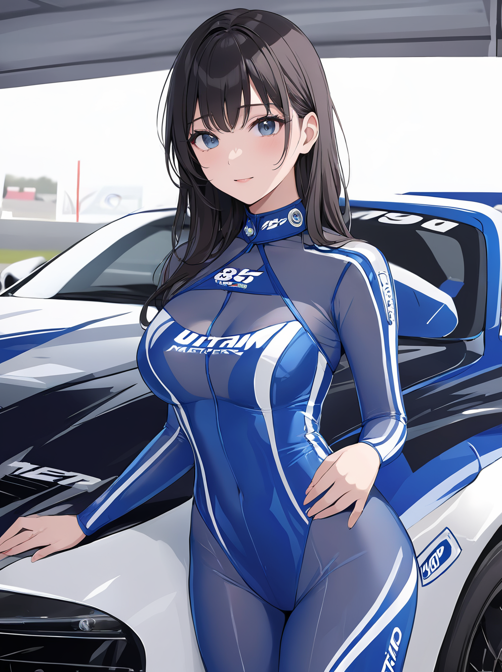 masterpiece,ultra-detailed,best quality,8K,illustration,cute face,clean skin ,shiny hair,girl,ultra-detailed-eyes,simple background, <lora:add-detail-xl:1> <lora:race queen see-through_XL_V1.0:0.8> race queen, body suit, see-through,car
