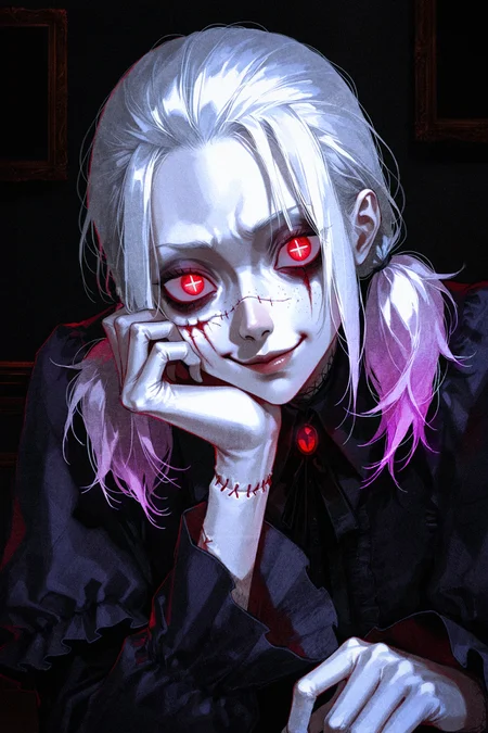 by mzet, by m omoo, ultra-detailed shot by 96yottea \(style\), (brutal, cruel,:1.2),
very awa, masterpiece, highres, absurdres, newest, year 2024, year 2023, (nose, lips:1.3),
dark gothic 1girl, solo, red eyes, low twintails, medium hair, (+_+:1.3), symbol-shaped pupils, hair slicked back, white hair, zombie girl, head rest, facing viewer, staring, looking at viewer, cheek press, wry smirk,
leaning forward, close-up face,
indoors, dark background,
illustration, ultra-detailed textures,
<lora:96YOTTEA-WAI:0.4> , <lora:lora:0.5>,