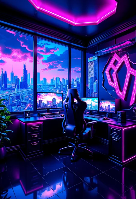 bo-neon, a digital illustration depicting a futuristic, cyberpunk-inspired computer setup, the room is dominated by a large window through which a panoramic view of a cityscape at night, showcasing a futuristic cityscape with tall buildings and skyscrapers illuminated by neon lights in shades of blue and purple, the central focus is a sleek, black gaming chair with a high backrest and armrests, positioned in front of a computer desk, the desk is cluttered with multiple computer monitors displaying various gaming-related images, including a computer monitor showing a futuristic design, a keyboard, a mouse, and a mouse pad, the floor is tiled in a dark, glossy black, and the walls are adorned with neon pink and blue neon lights, creating a striking contrast with the cool tones of the room, the ceiling is also neon-lit, with a series of curved, triangular panels that add to the futuristic, sci-fi aesthetic, the overall mood is one of sleek, high-tech sophistication and advanced technology, enhanced by the vibrant colors and intricate details of the computer setup, high quality, ultra detailed, colorful, abstract, abyss fantasy.<lora:FLUX Abyss Neon\Abyss Neon_epoch_5.safetensors:1.0:1.0>