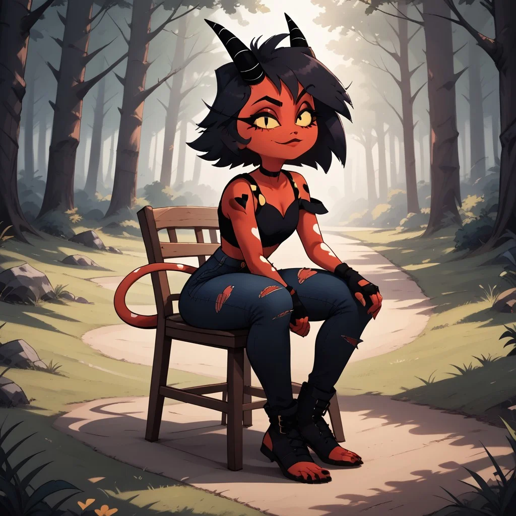 score_9, score_8, BREAK, solo, Millie_(Helluva_Boss), Imp, red skin, devilish tail, white striped black horns, bangs, yellow sclera, black hair, short hair, black heart tattoo, black choker, black crop top, navel, yellow buttons, black fingerless gloves, black torn denim pants, black toeless footwear, barefoot, self portrait, smile, looking at viewer, outdoors, sunlight, shadows, evening lighting, natural lighting, forest, trees, grass, orange sky, sunset