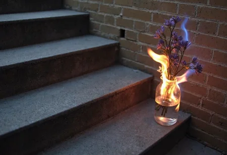 d1g1cam, amateur photo, low-lit, Low-resolution photo, shot on a mobile phone, noticeable noise in dark areas. A glass vase holding elegant, slender stems of flowers, engulfed in vibrant flames, sits precariously on the step of a concrete staircase. The flames dance with hues of orange and blue, casting a soft glow against the rough texture of the concrete. The stems are delicately arranged, with small purple blooms that are partially consumed by fire, creating a striking contrast with the neutral tone of a brick wall background. The composition is artistic, with the steps leading the eye upward, emphasizing the surreal interaction between the elements