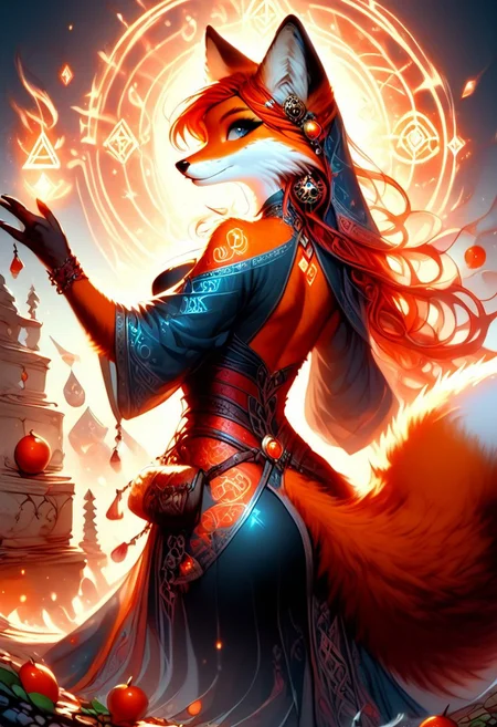 score_9, score_8_up, score_7_up, dancing dynamic pose,large breasts, slim waist, red hair, solo, anthro,fox,female,foxfolk,(red and orange fur, thick fur:1.3, extreamly detailed fur, soft fur), slim waist, peach ass, sorceress, cleavage cut out, magical robes,Glowing runes on robes,bare food, Glowing Runes ,Glowing Rune Circle, dynamic angle from back, looking back at viewer,full body image,magical athmosphere, realisitc,
