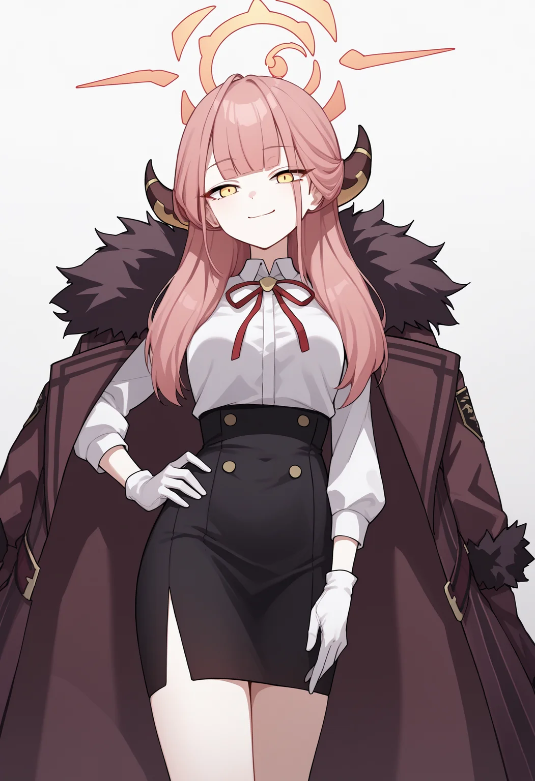score_9, score_8_up, score_7_up, source_anime, radef, yellow eyes, pink hair, blunt bangs, horns, halo, neck ribbon, red ribbon, white shirt, long sleeves, coat on shoulders, fur-trimmed coat, gloves, white gloves, black skirt, high-waist skirt, pencil skirt, breasts, smile, closed mouth, cowboy shot, hand on hip<lora:RikuhachimaAruPonyXLv6-20:1>