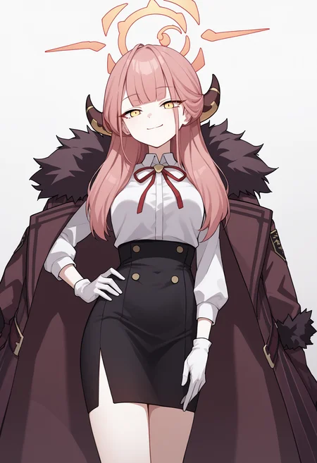 score_9, score_8_up, score_7_up, source_anime, radef, yellow eyes, pink hair, blunt bangs, horns, halo, neck ribbon, red ribbon, white shirt, long sleeves, coat on shoulders, fur-trimmed coat, gloves, white gloves, black skirt, high-waist skirt, pencil skirt, breasts, smile, closed mouth, cowboy shot, hand on hip<lora:RikuhachimaAruPonyXLv6-20:1>