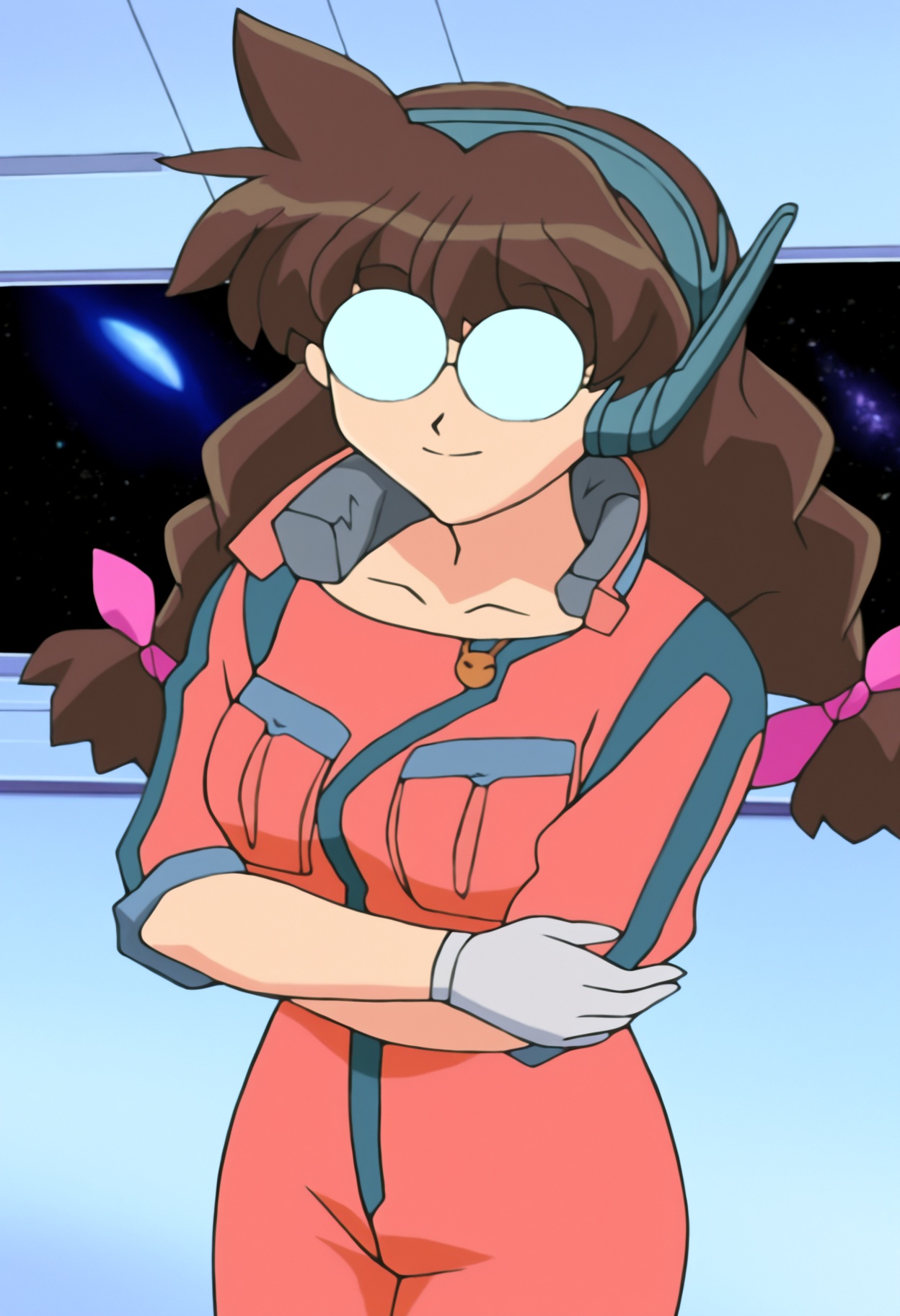 high quality, highres,
1girl, parfet balblair, solo,smlong hair, breasts,  brown hair, gloves, glasses, white gloves, round eyewear, opaque glasses,   jumpsuit, space, indoors,smile,
