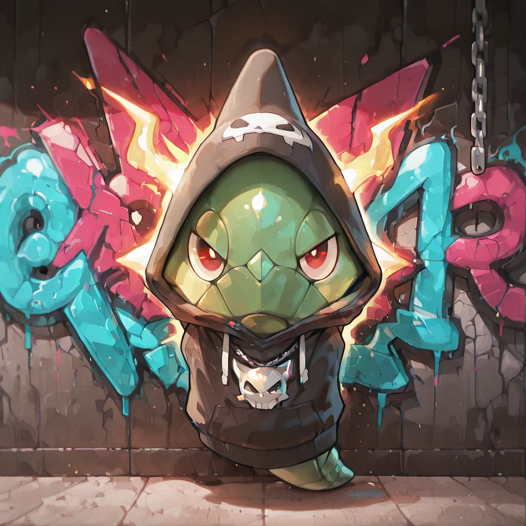 (masterpiece), (best quality), (ultra-detailed), metapod, full body, slightly turned, one eye visible, clothed pokemon, no hands, no arms, no legs, no feet, solo, looking at viewer, glowing dark eyes, standing, jacket, open clothes, hood, no humans, hoodie, hooded jacket, hood up, zipper, zipper pull tab, graffiti, chain necklace, jewelry, character print, looking at viewer, half-closed eyes, illustration, perfect composition, intricate details