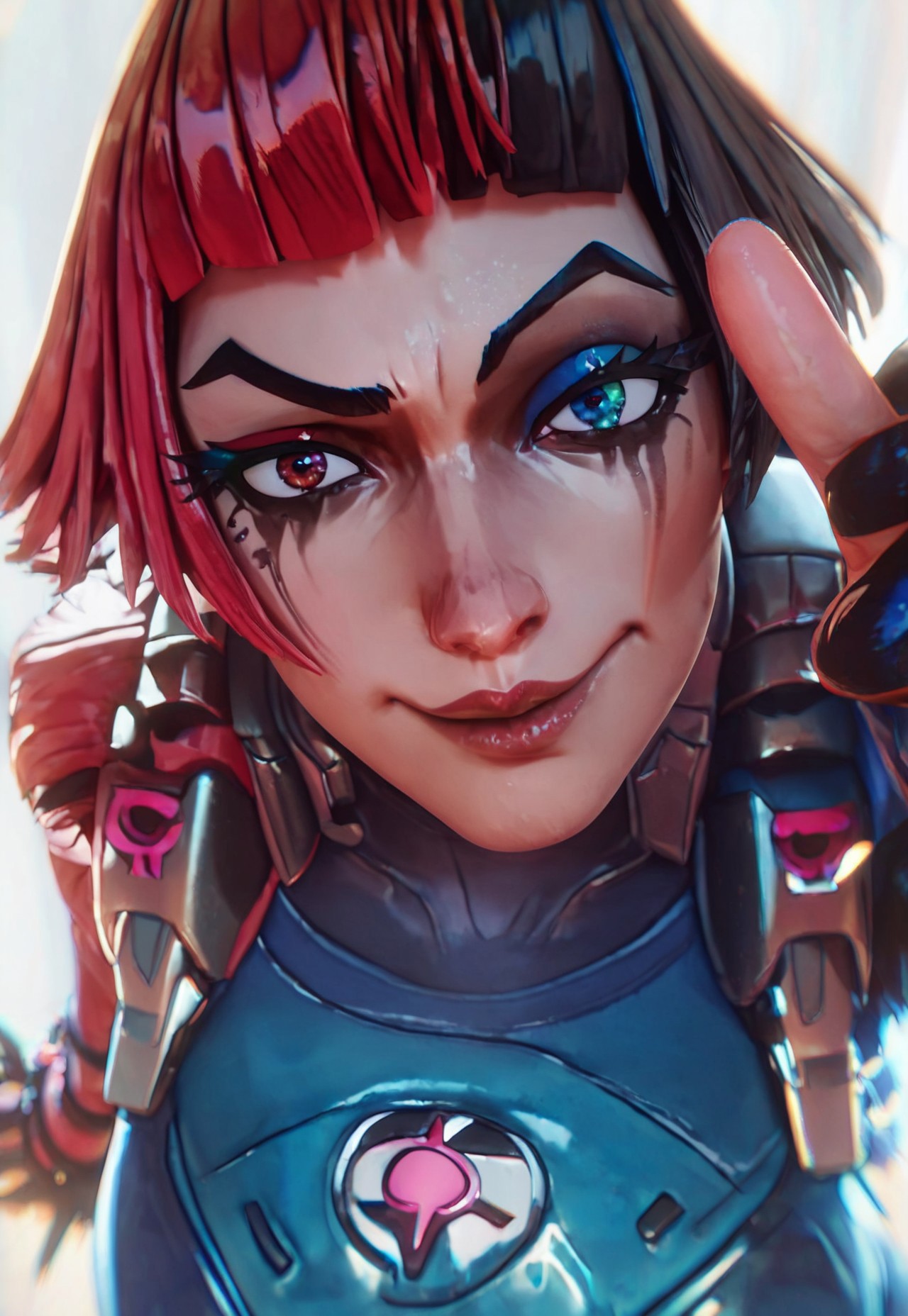 score_9, score_8_up, score_7_up, detailed face,
1girl, patho_fragpunk, two-tone hair, red hair, black hair, heterochromia, blue eye, red eye, zero suit, pink and blue zero suit, eye makeup, mascara, bangs,
looking at viewer, peace sign, posing off,