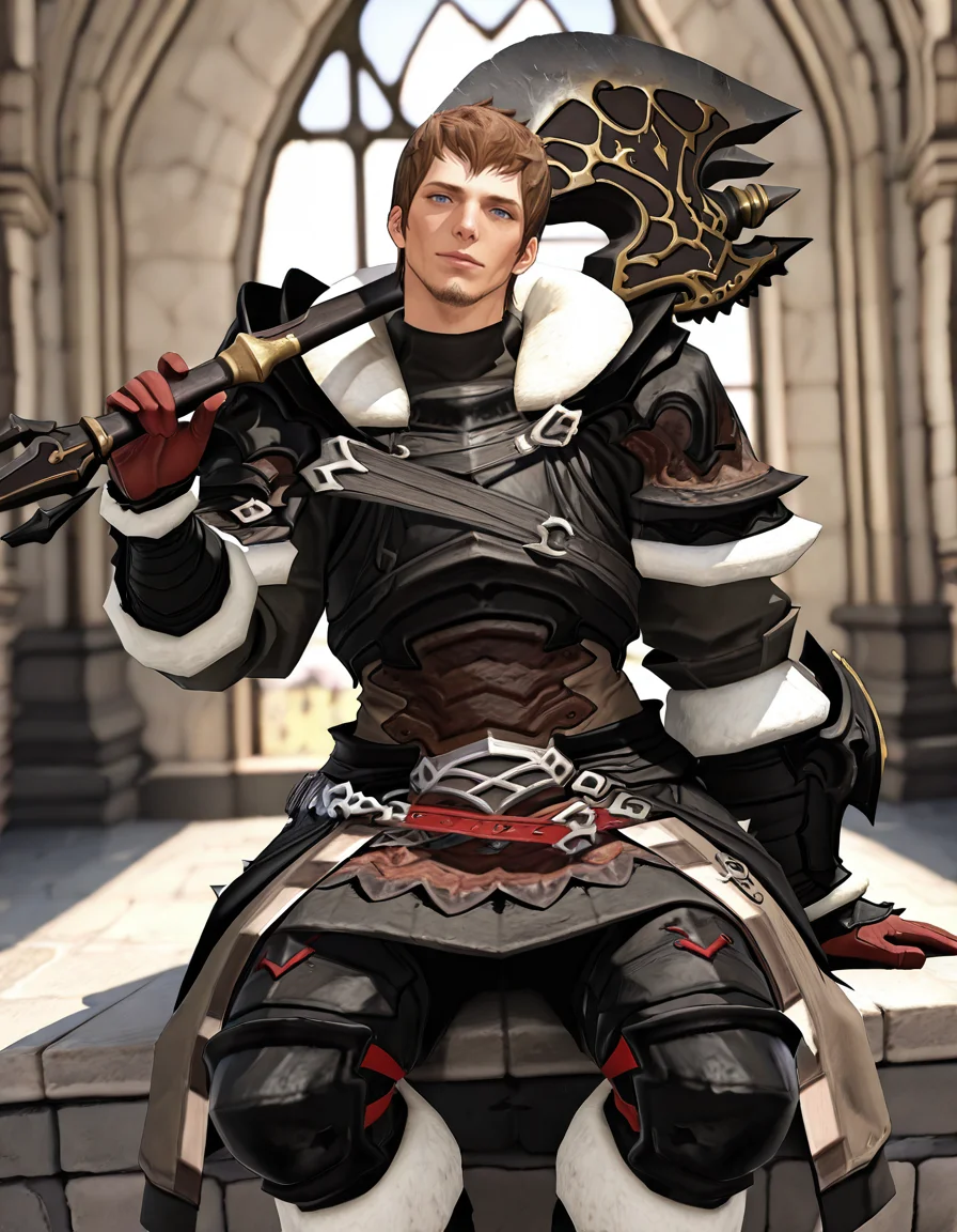 masterpiece, best quality, newest, perfect quality, best quality, detailed background, intricate details, male focus, solo, realistic, <lora:FFXIV - Ardbert Hylfyst - Illustrious 2_3-000004:0.7>, ardbert_ffxiv, 1boy, mature male, short hair, brown hair, blue eyes, goatee, fur-trimmed collar, fur-trimmed pauldrons, armor, fur-trimmed gloves, tassets, fur-trimmed boots, holding axe, axe on shoulder, head tilt, looking at viewer