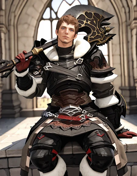 masterpiece, best quality, newest, perfect quality, best quality, detailed background, intricate details, male focus, solo, realistic, <lora:FFXIV - Ardbert Hylfyst - Illustrious 2_3-000004:0.7>, ardbert_ffxiv, 1boy, mature male, short hair, brown hair, blue eyes, goatee, fur-trimmed collar, fur-trimmed pauldrons, armor, fur-trimmed gloves, tassets, fur-trimmed boots, holding axe, axe on shoulder, head tilt, looking at viewer