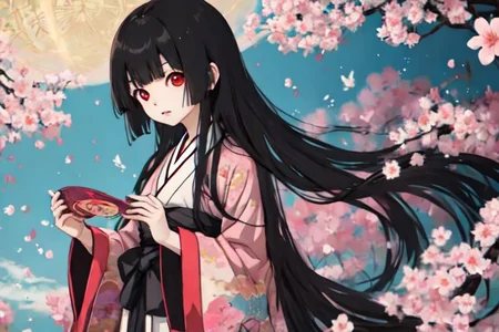 enma_ai, girl1, bangs, black hair, long hair, kimono obi sakura, heaven garden, happy