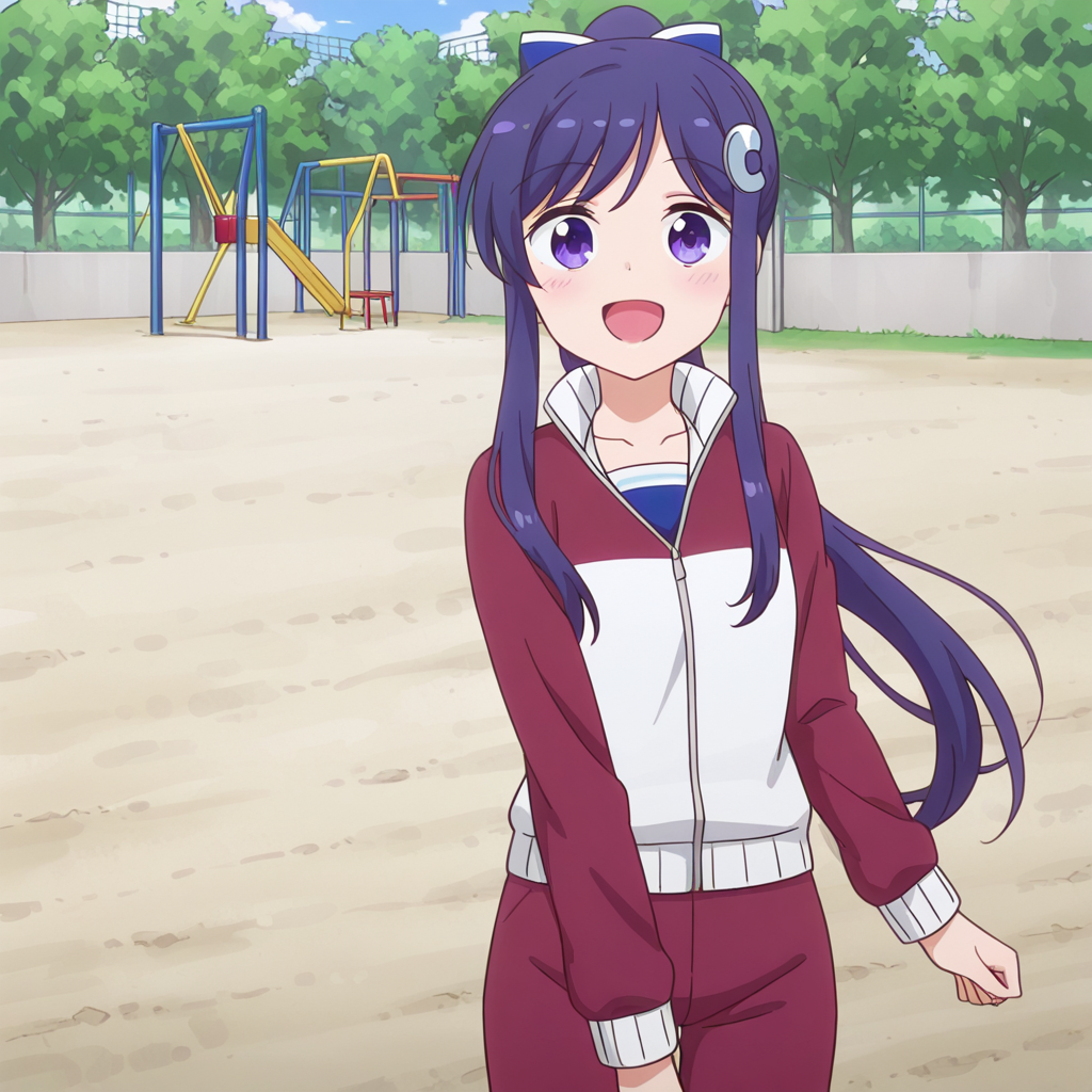 nsfw, masterpiece,best quality,amazing quality,1girl, solo, anima_yell_hizume_arima, standing, purple eyes, track jacket, long hair, jacket, hair ornament, open mouth, smile, looking at viewer, sidelocks, :d, purple hair, ponytail, hair bow, bangs, bow, collarbone, blue hair, red jacket, track suit, school playground, <lora:Hizume_Arima_-_Anima_Yell:0.7>