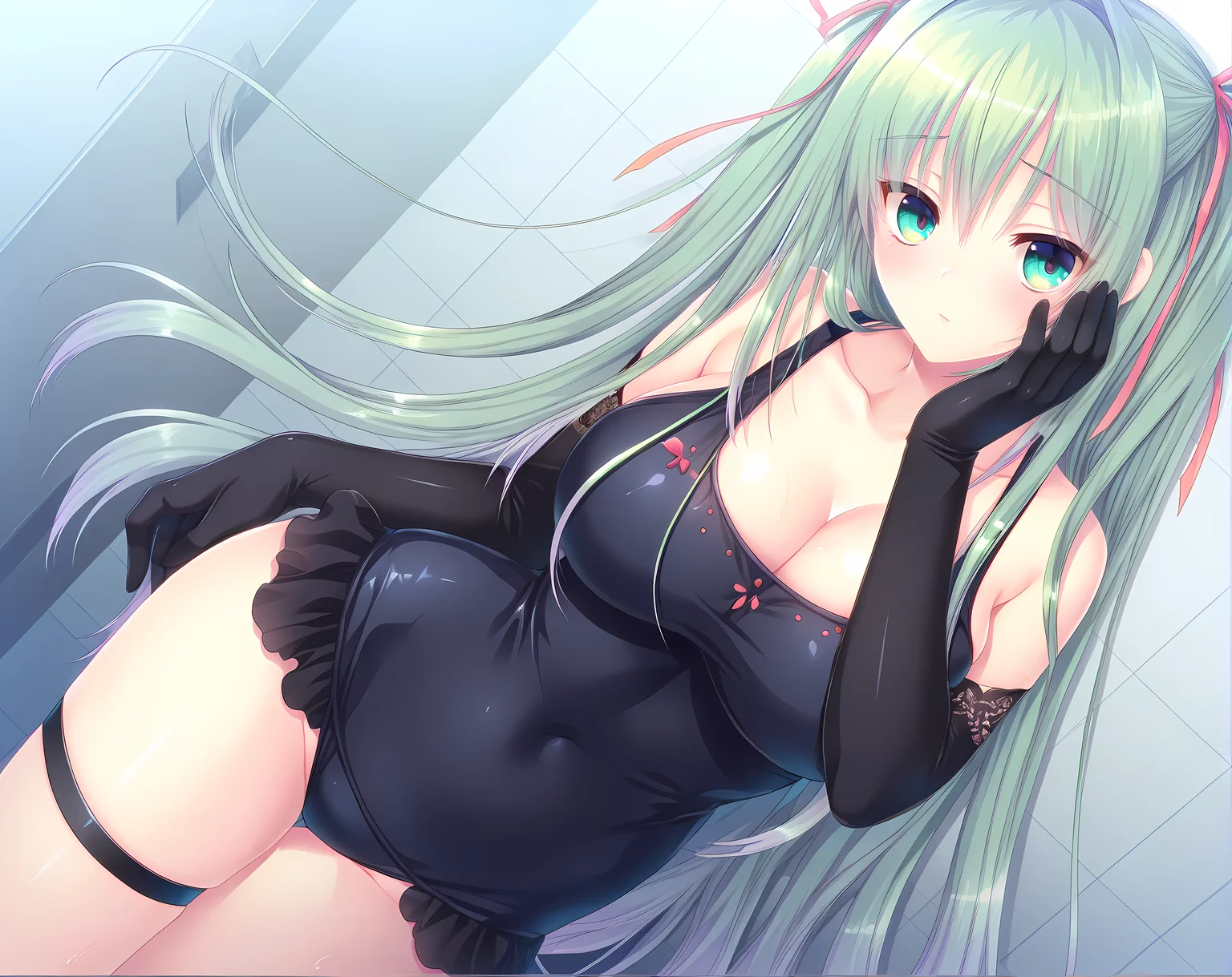 solo,touko,kinmedai pink,green hair,aqua eyes,very long hair,curly hair,huge breasts,swimsuit,collarbone,black sleeves,lace trim,elbow gloves,<lora:Touko_GFQ_SP:1>,cowboy shot,hand on own cheek,covered navel,thigh strap,scrunchie,, masterpiece,best quality,amazing quality, very aesthetic, absurdres,detailed eyes,ultra-detailed,