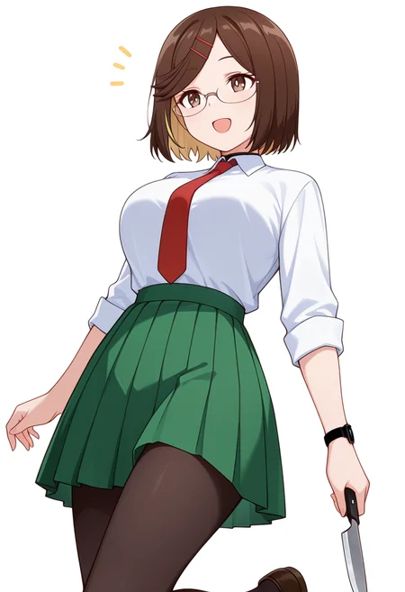 masterpiece,high quality details, absurdres,
 <lora:Konoha_Koga:0.8>koga_cnr, 1girl, brown hair, short hair, brown eyes, blonde hair, two-tone hair, large breasts, semi-rimless eyewear,hairclip,
koga_s1, white shirt, collared shirt, shirt tucked in,green pleated skirt,red necktie, black pantyhose, loafers, wristwatch,  
holding knife,, simple background, white background, from below,solo,, \(^o^)/,