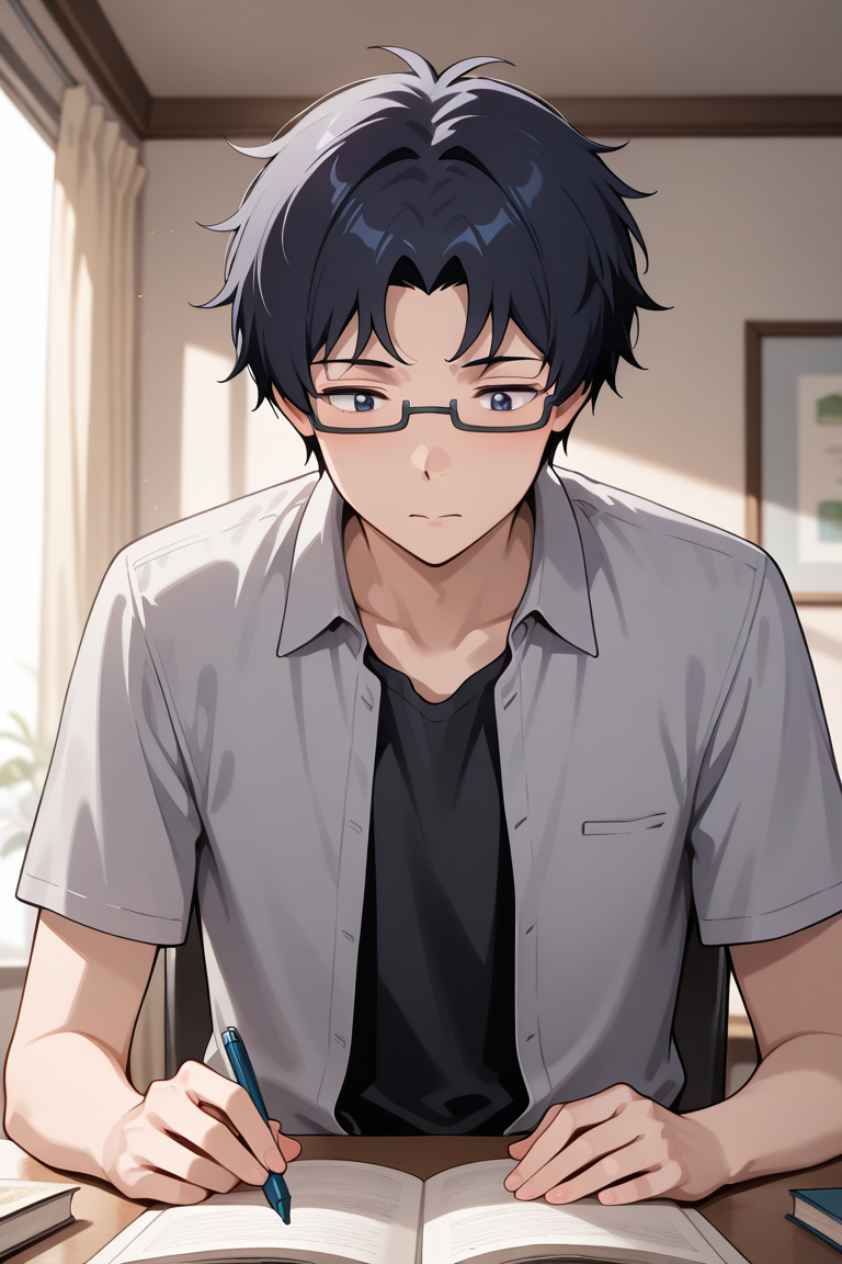 masterpiece, absurdres, newest, perfect quality, best quality, absolutely eye-catching, amazing quality, very aesthetic, high resolution, ultra-detailed, 1boy, male focus, solo, joe_kido_tri, dark blue hair, dark blue eyes, glasses, under-rim eyewear, grey shirt, unbuttoned, open clothes, black t-shirt, short sleeves, studying, books, desk, chair, indoors, detailed background, volumetric lighting, vibrant colors