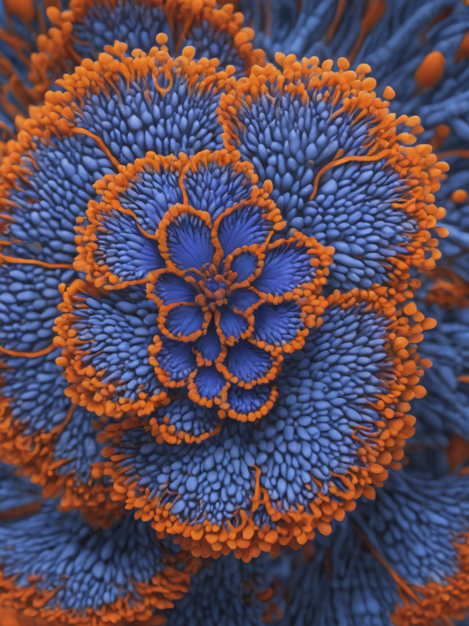 ((best quality)), ((masterpiece)), ((realistic,digital art)), (hyper detailed), Small Bluish-Orange Spore Print Mat-like Lobed plant, Fine Texture Slender Tuber, Plate-like,  Blue Spore Print Bracteole Inflorescence flower, Truncate,    , octane rendering, raytracing, volumetric lighting, Backlit,Rim Lighting, 8K, HDR,  <lora:add-detail-xl:.8>