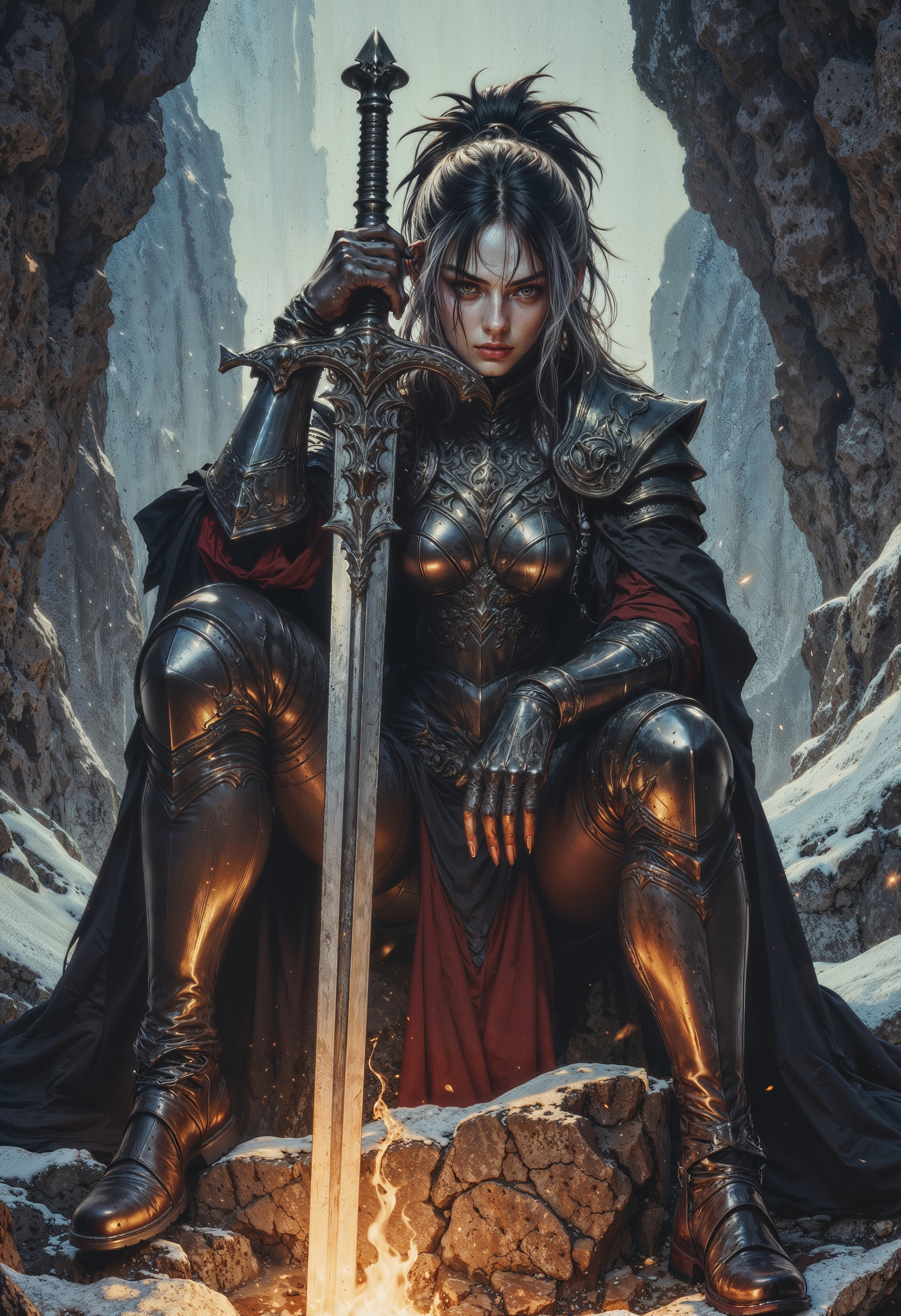 a highly detailed digital artwork in a dark fantasy style. The central figure is a young, pale-skinned woman with striking black hair with white streaks, styled in a high ponytail. Her piercing red eyes give her an intense, almost menacing gaze. She is dressed in dark, armored clothing that resembles medieval knight's armor but with a sleek, futuristic twist, including reflective, metallic plates and red accents on her gauntlets and boots. Her outfit includes a black cape that drapes over her shoulders and a long skirt, she also wears a silver bat necklace. She is seated on a rough, rocky surface inside a cavernous space, surrounded by jagged rock formations.
In her right hand, she holds a long, ornate sword with a silver, reflective blade and a hilt adorned with intricate designs. The sword is held vertically, and its tip rests on the ground. A small fire burns at her feet, casting a warm, flickering light that contrasts with the cold, dark surroundings. The firelight creates a dramatic play of shadows and highlights on her armor and the cavern walls. The atmosphere is tense and foreboding, suggesting a scene of preparation or contemplation before a battle or some other perilous event. <lora:FluxMythG0thicL1nes:0.6> <lora:FluxMythR3alisticF:0.5> <lora:RetroAnimeFluxV1:0.6> <lora:OB半写实肖像画V2.0:0.6>