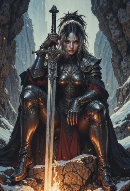 a highly detailed digital artwork in a dark fantasy style. The central figure is a young, pale-skinned woman with striking black hair with white streaks, styled in a high ponytail. Her piercing red eyes give her an intense, almost menacing gaze. She is dressed in dark, armored clothing that resembles medieval knight's armor but with a sleek, futuristic twist, including reflective, metallic plates and red accents on her gauntlets and boots. Her outfit includes a black cape that drapes over her shoulders and a long skirt, she also wears a silver bat necklace. She is seated on a rough, rocky surface inside a cavernous space, surrounded by jagged rock formations.
In her right hand, she holds a long, ornate sword with a silver, reflective blade and a hilt adorned with intricate designs. The sword is held vertically, and its tip rests on the ground. A small fire burns at her feet, casting a warm, flickering light that contrasts with the cold, dark surroundings. The firelight creates a dramatic play of shadows and highlights on her armor and the cavern walls. The atmosphere is tense and foreboding, suggesting a scene of preparation or contemplation before a battle or some other perilous event. <lora:FluxMythG0thicL1nes:0.6> <lora:FluxMythR3alisticF:0.5> <lora:RetroAnimeFluxV1:0.6> <lora:OB半写实肖像画V2.0:0.6>