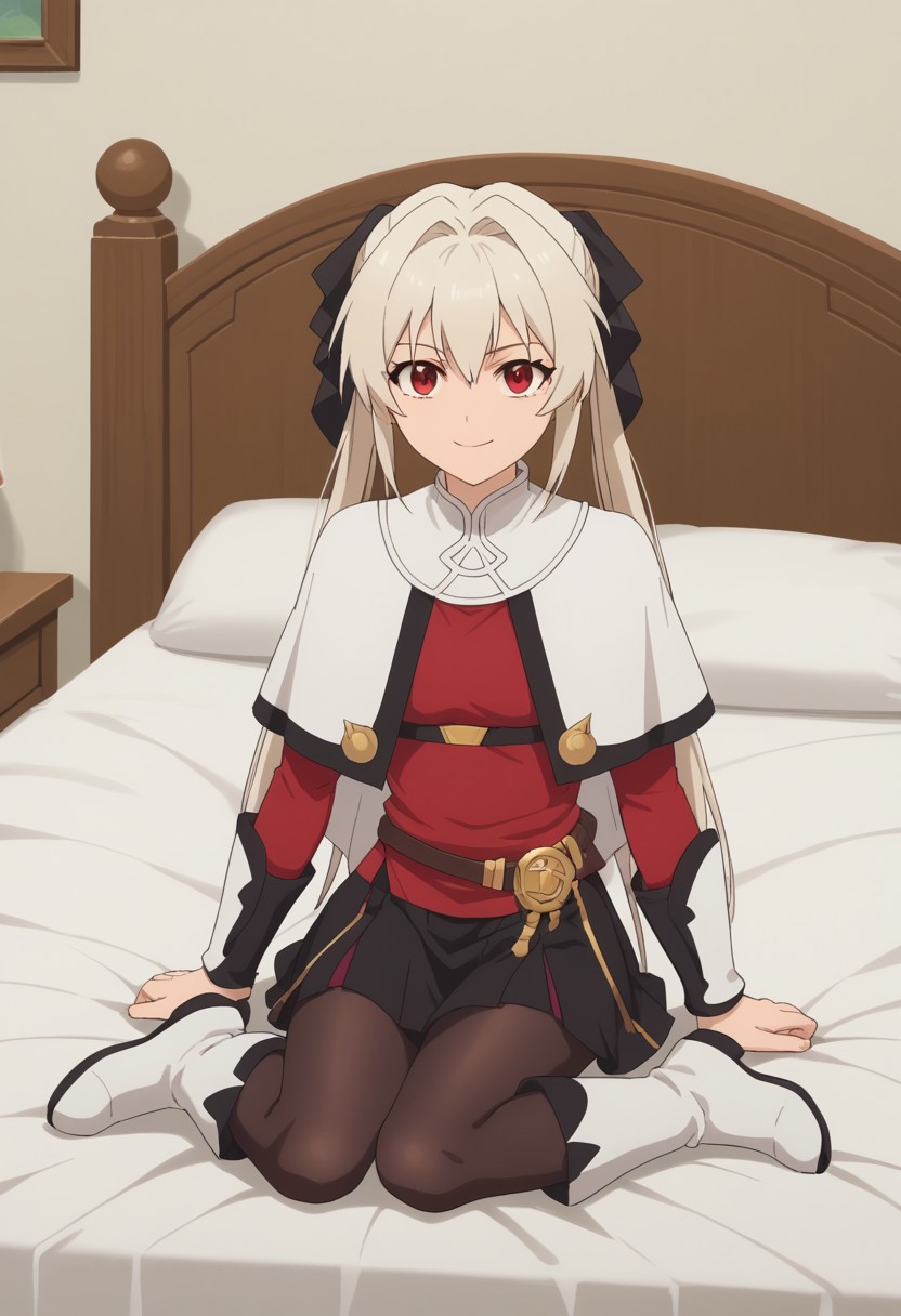 score_9, score_8_up, score_7_up, score_6_up, score_5_up, score_4_up , anime coloring ,BREAK source_anime, anime,screencap, 1girl, solo, lynneburg, bracers, hair ribbon, white boots, skirt, black pantyhose, red shirt, white capelet, belt, <lora:PonyXL Parry Lynne:1> indoors,bedroom smile, looking at viewer, sitting on bed,