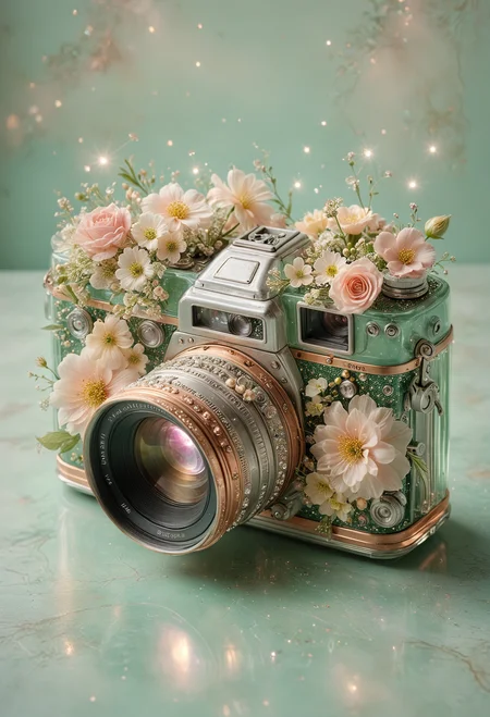 fanciful, translucent vintage camera with metallic copper and silver details, filled with an array of soft pastel flowers including hues of pink and white and green inside it, floating golden sparkles, magical touch to the composition, <lora:MJ52:0.3>, <lora:SDXLFaeTastic2400:0.4>, <lora:sdxl_glass:0.7>, <lora:tranzp:0.7>, <lora:add-detail-xl:1>