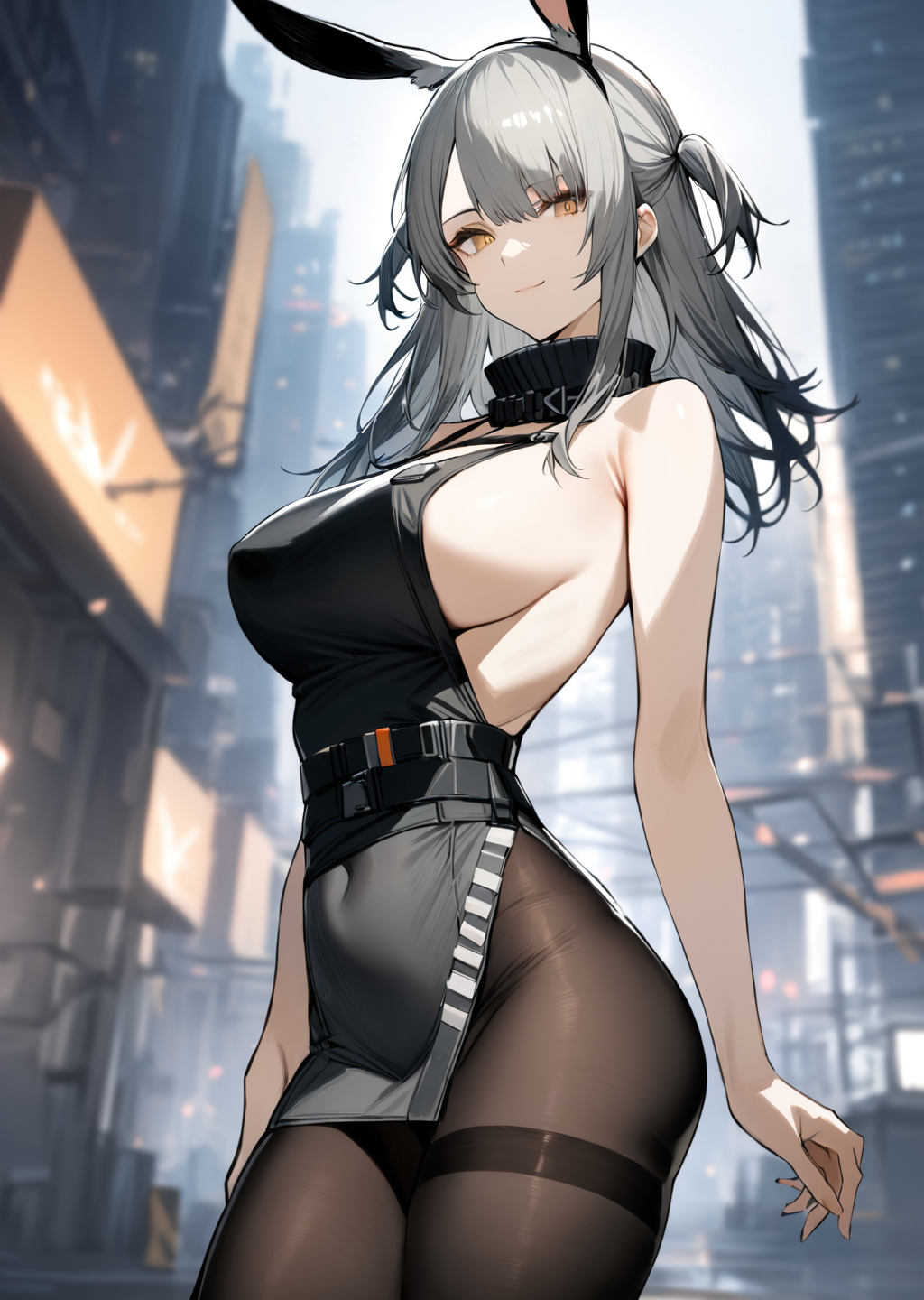 masterpiece, best quality, very aesthetic, absurdres, 1girl, solo, savage \(arknights\), arknights, rabbit ears, large breasts, asymmetrical bangs, high collar short dress, backless outfit, side slit, play pantyhose, sideboob, two side up, bare arms, bare shoulders, cowboy shot, blurry background, city, closed mouth, light smile, moody, <lora:yabeai-anxl-000044:0.7>,