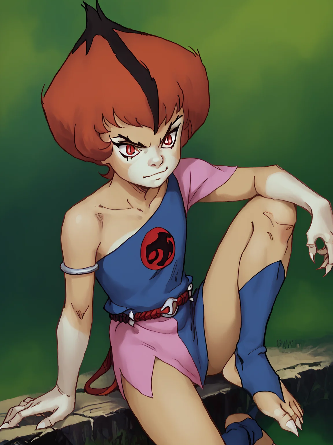 score_9, score_8_up, score_7_up, <lora:10_wilykit_pdxl:1> 1girl, solo, w1lyk1t, black striped red hair, red eyes, slit pupils, w1lyk1t tunic, bare shoulder, collarbone, w1lyk1t open toe footwear, sharp toes