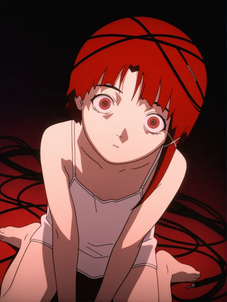 masterpiece, best quality, amazing quality, absurdres, newest, dynamic_angle, defined facial features, anime coloring, anime screencap,
<lora:Lain_IL1.1v0:1.5> iwakura lain \(sel\), wariza, barefoot, white camisole, red eyes, red hair, cable, cables in hair:1.2, pov, very pale skin, wire, crazy eyes, dark room,