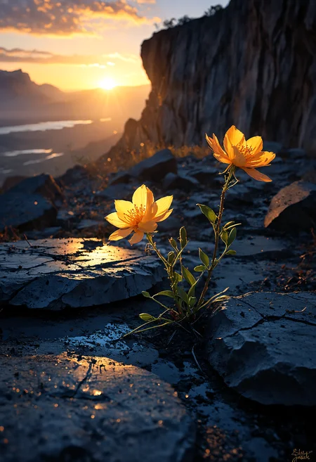 concept art Under a perpetually stormy sky, in a realm where darkness reigns supreme, a single, bright, lonely light pierces the blackness, emanating from a lone glowing flower at the edge of a cliff. This flower, with petals that radiate a soft, golden light, stands as the last beacon of hope in a world consumed by sadness and ruin. The landscape below is a desolate expanse of cracked earth and dead vegetation, stretching into the horizon under the weight of eternal twilight. The flower's glow casts long, dramatic shadows, illuminating the tears in the earth and the remnants of a forgotten past. This poignant image tells a story of resilience, where even in the depths of despair, a spark of light can bring a sense of hope and beauty<lora:add-detail-xl:1> <lora:MJ52:0.5>  <lora:sss:0.5> <lora:zavy-flrscnc-sdxl:0.3> . digital artwork, illustrative, painterly, matte painting, highly detailed