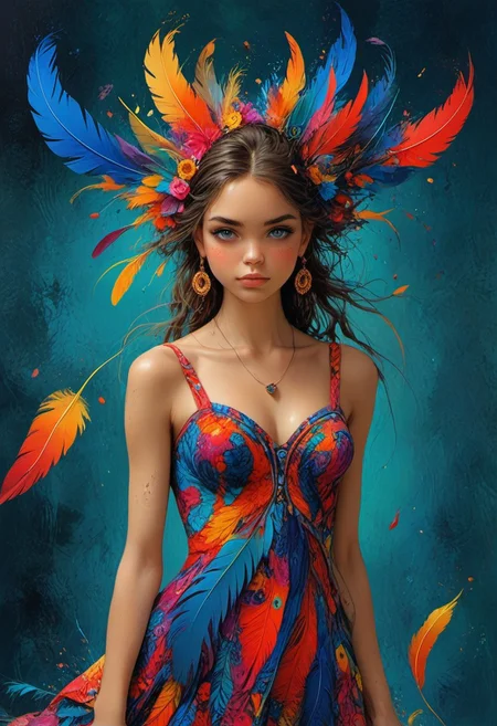 The composition includes This aspect that predominates in the work gives the idea of โโsomething casual, without necessarily having a purpose, carnivlal video frames, female, red short dress and colored feathers, long brown hair with glitter, light brown tanned skin, fashion photography painting, in the style of teal and gold. in the background, tintricate stunning highly detailed, abstract, trippy, brazilian 60s style, op art, dark blues and blacks, patterns, hypnotic, art by careening into peace.
