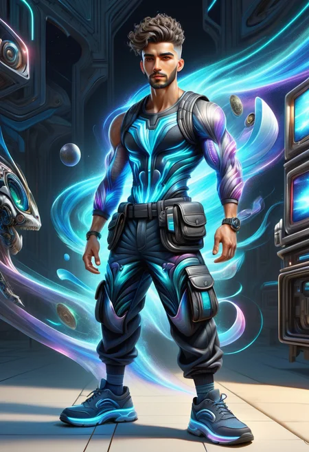 hyper detailed masterpiece, dynamic, awesome quality, DonMFmaXL male legal age well-proportioned, middle easterner, hazel eyes, folded ears, oblong face shape, pronounced glutes, , orchid textured crop hair, gratitude wearing cargo pants, wool sweater, brogues, , sitting with legs spread apart, appearing relaxed and confident, loose upper body clothing, bioluminescent fabric, virtual reality hologram pattern, sleeveless, asymmetrical hemline, drop waist, coin pockets,,prints,,layered look,slit details,,hand sanding, constricting lower body clothing, gravitational polymer, oversized fit, natural waist, elastic waistband,,bow accents,,utility loops,,lace-up back,,oil wash, <lora:DonMFmaXL-000008:1>