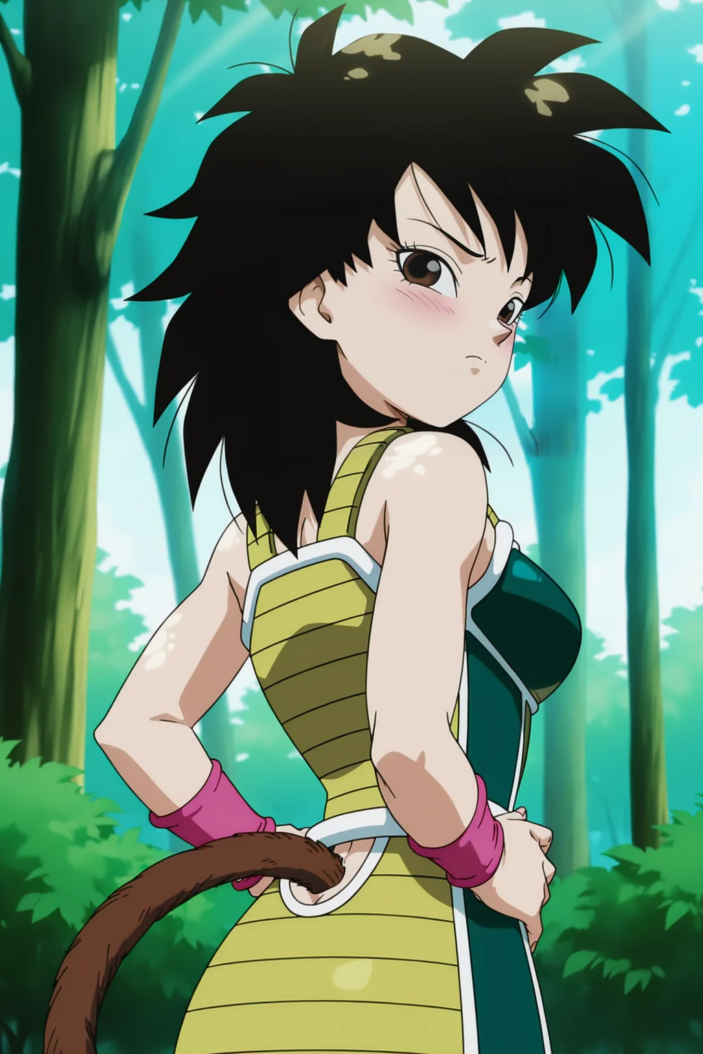 anime screencap, absurdres, high quality,
gine, 1girl, solo, looking at viewer, blush, day, black hair, brown eyes, looking back, from behind, black eyes, hand on hip, frown, pink wristband, nature, monkey tail, saiyan armor, hand on shoulder, medium hair, green saiyan armor, eyelashes, eyebrows, butt crack, bare shoulders, spiked hair, fingernails, white trim, outdoors, dappled sunlight,
<lora:Gine_IL:0.8>