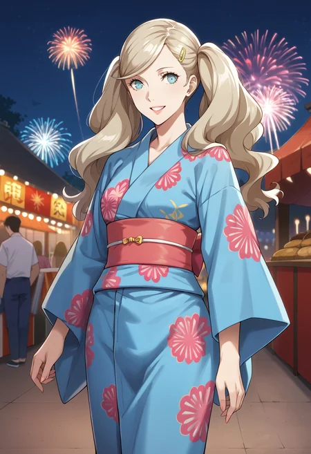 score_9, score_8_up, source_anime
1 girl, solo,
p5ann, takamaki anne, blonde hair, long hair, twintails, swept bangs, hair clip,
p5ann-yukata, yukata, blue yukata, japanese clothes, sash, pink sash,
outside, nighttime, fireworks, festival, happy, smile,
masterpiece, best quality, ultra detailed,